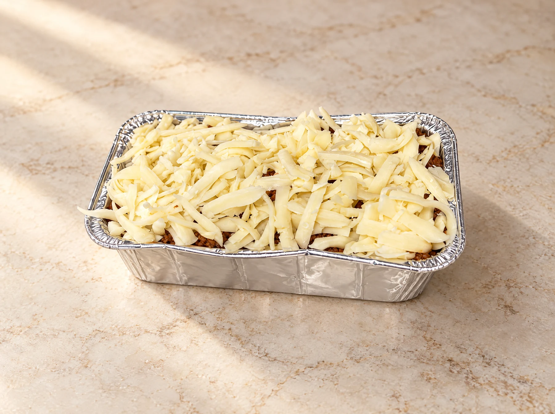 Montaje de una bandeja de lasaña con queso antes de hornear