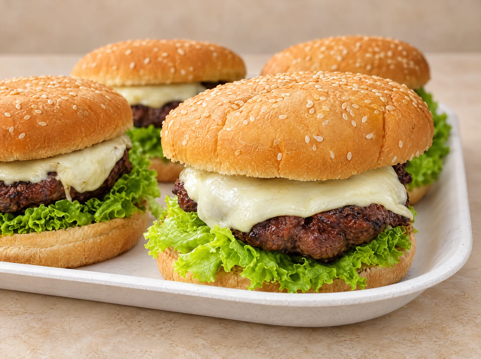 Hamburguesa casera con pan de sésamo, carne, queso fundido y lechuga