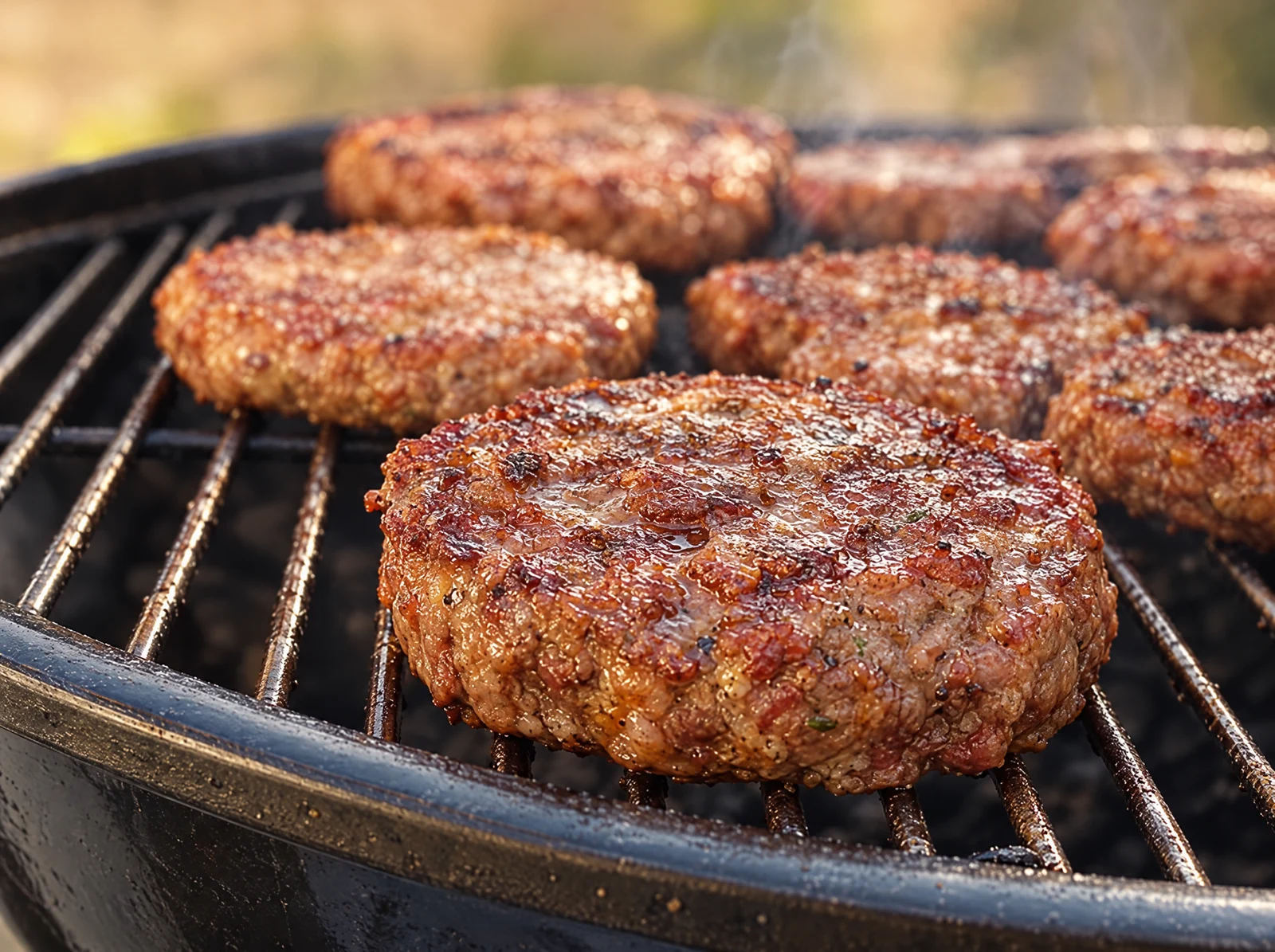 Carnes gruesas de hamburguesa cocinándose sobre una parrilla