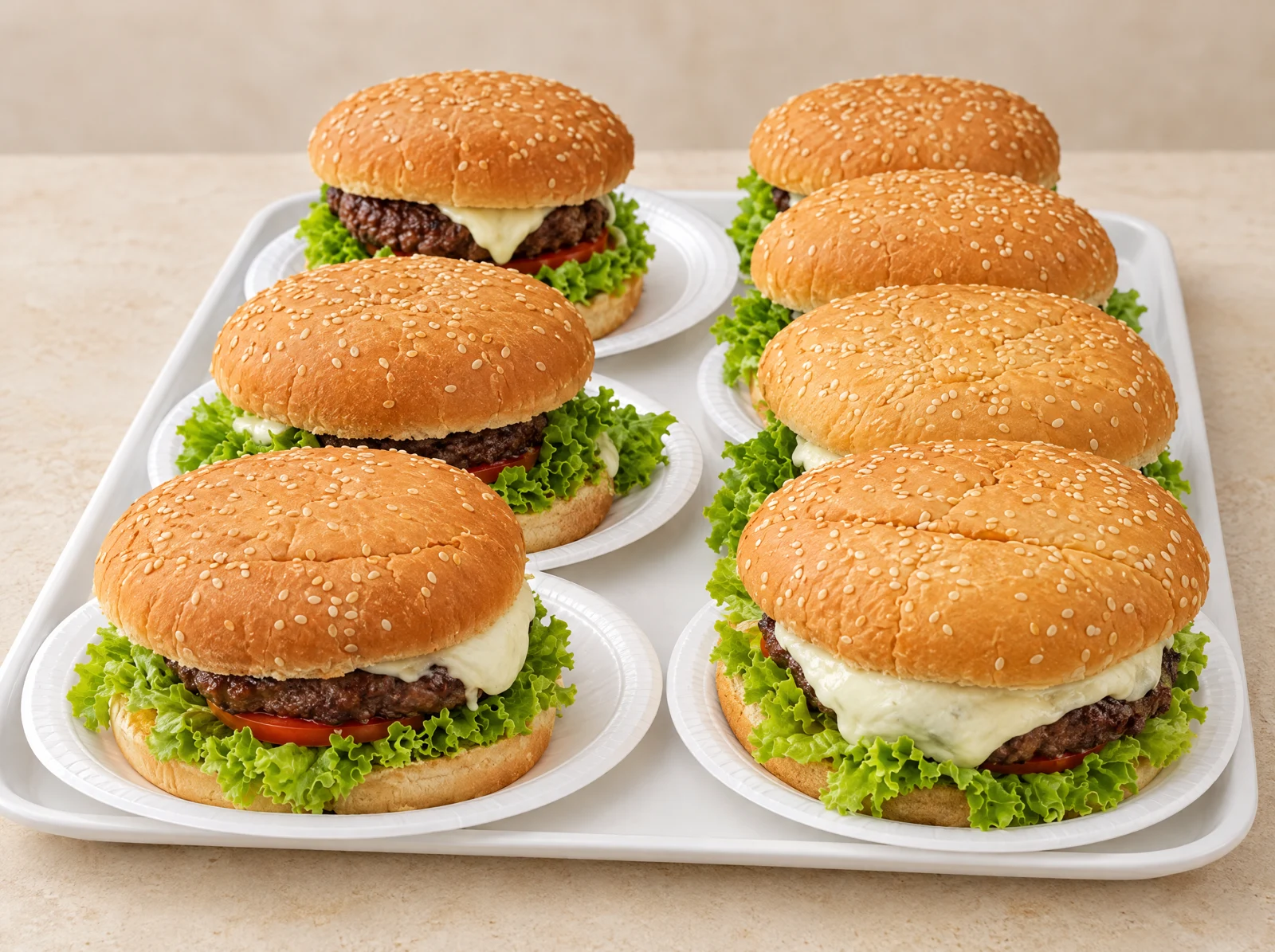 Hamburguesas caseras con queso y lechuga listas en una bandeja