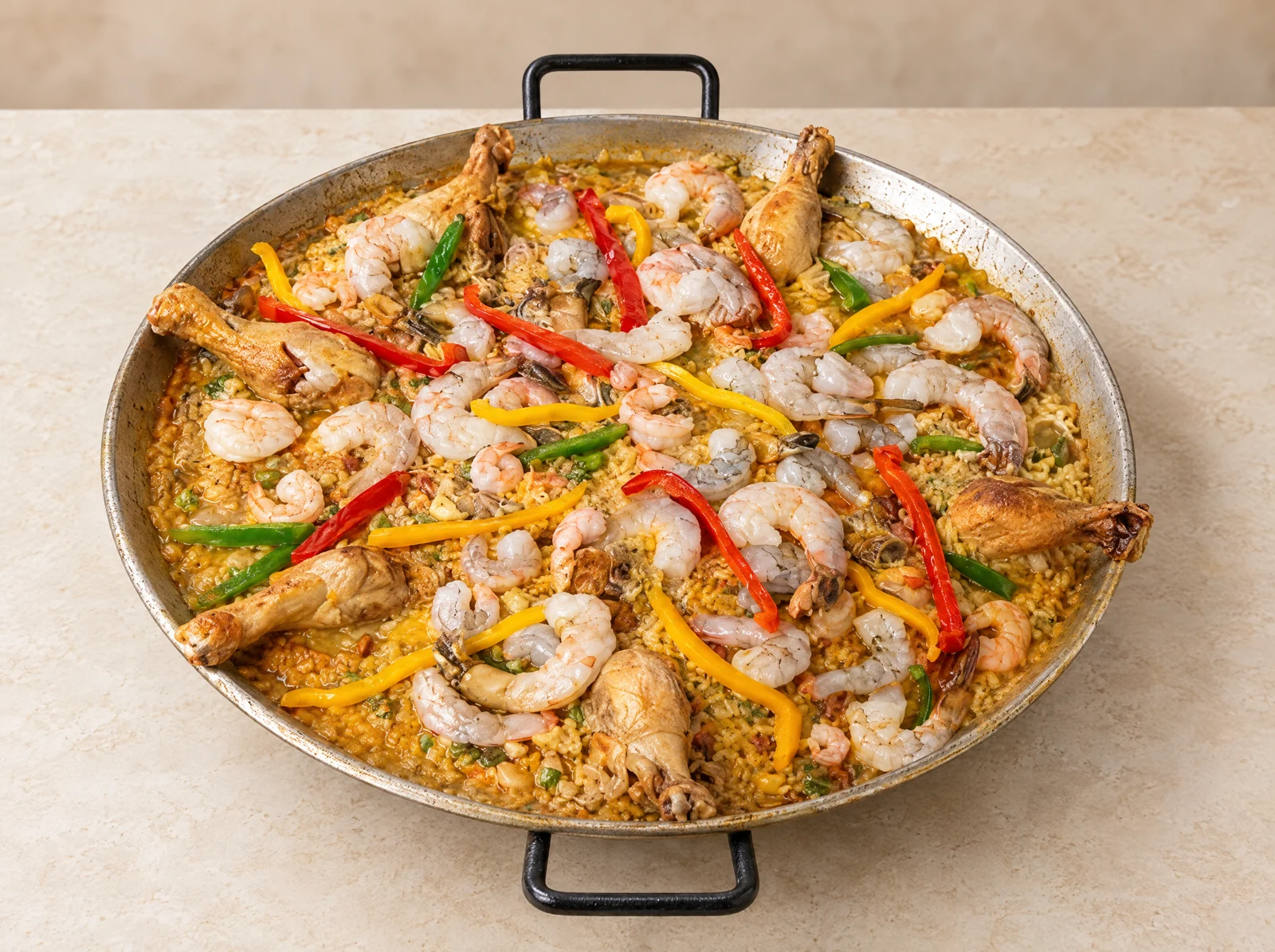 Paella con pollo y camarones durante su preparación