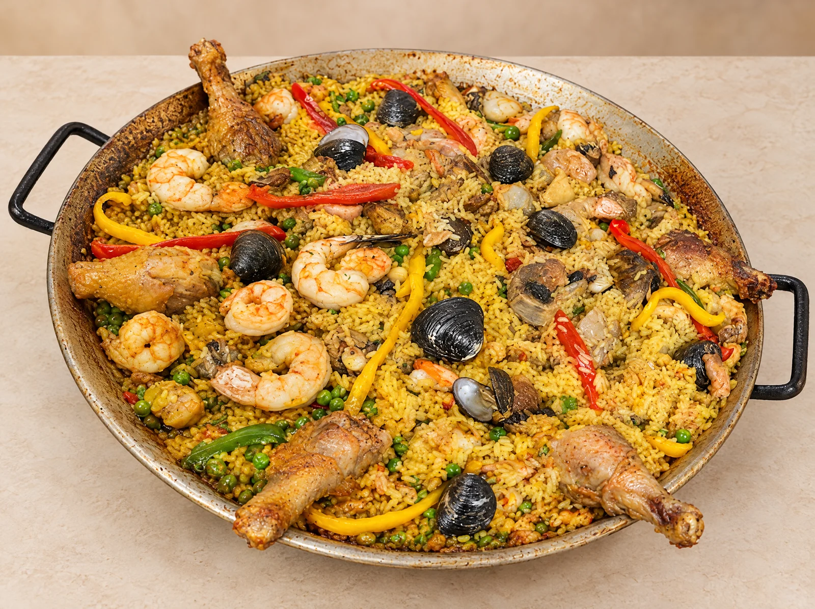 Paella con pollo, camarones, moluscos y pimientos