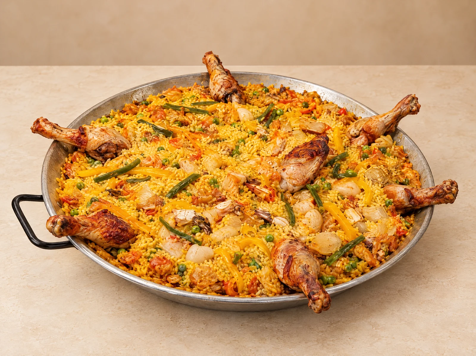 Paella con muslos de pollo, arroz y vegetales