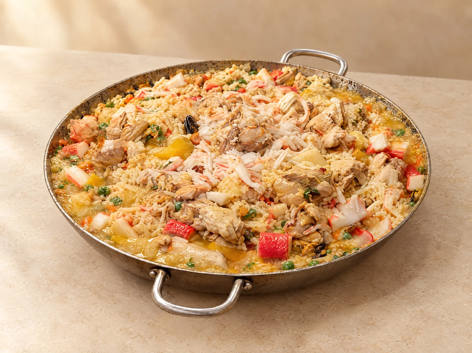 Ingredientes de una paella cocinándose en su caldo